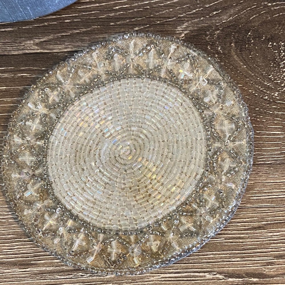 Iridescent Silver Gray Beaded Coaster Set of 6 with Box 5.25x1.5 4.25 Coasters - Picture 6 of 6